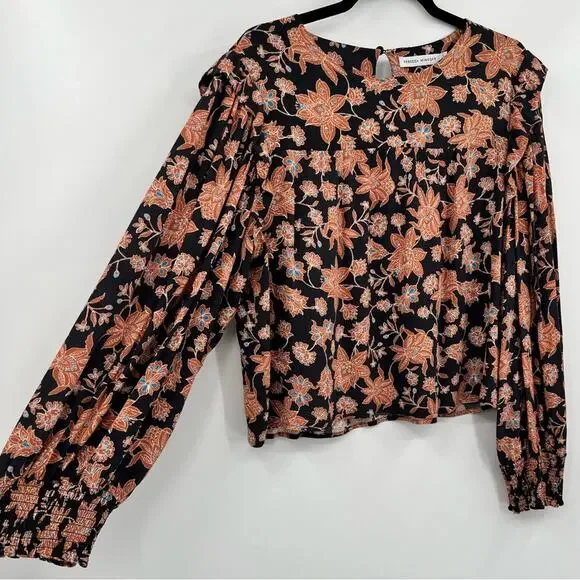 Rebecca Minkoff Floral Blouse Top Ruffle Shoulder Smocked Sleeve Flower Large - Picture 5 of 12
